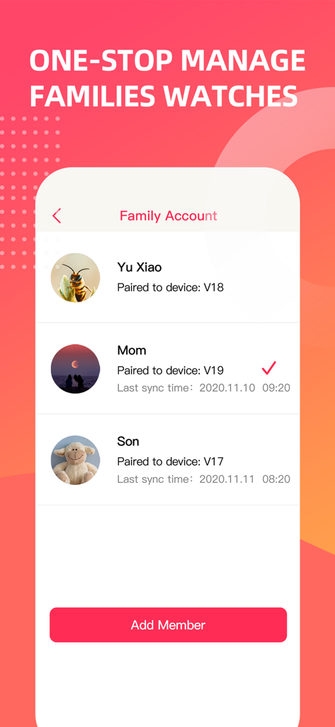 DeepFit - DeepFit app family account dashboard showing paired smartwatches for family members like Mom and Son
