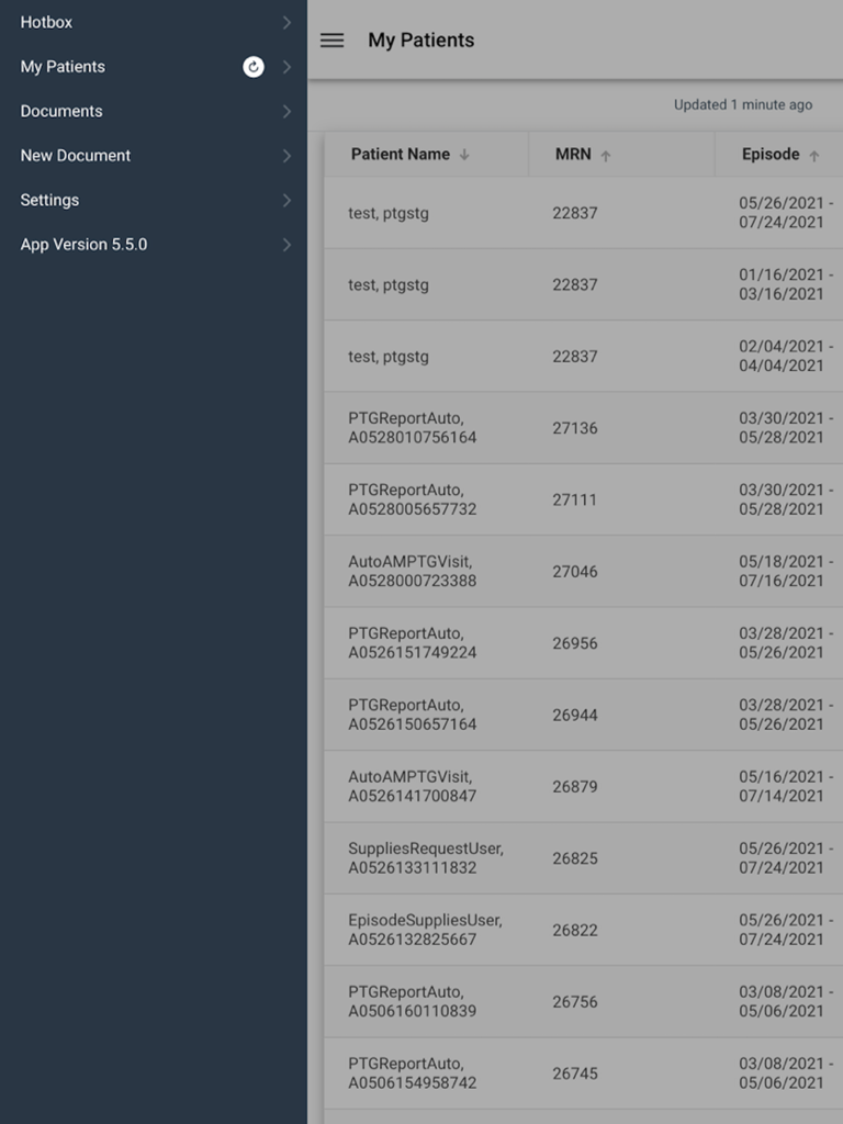 WellSky HHH Offline - WellSky HHH Offline app interface displaying a list of patients with columns for name, MRN, and episode date alongside a navigation sidebar.
