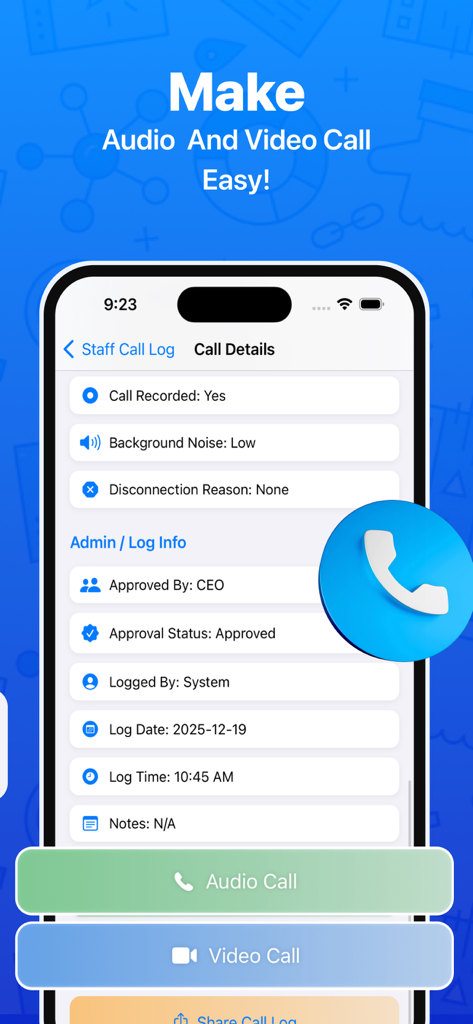 Contact Pro Desk - A mobile interface of the Contact Pro Desk app showing detailed staff call logs and administrative approval status.