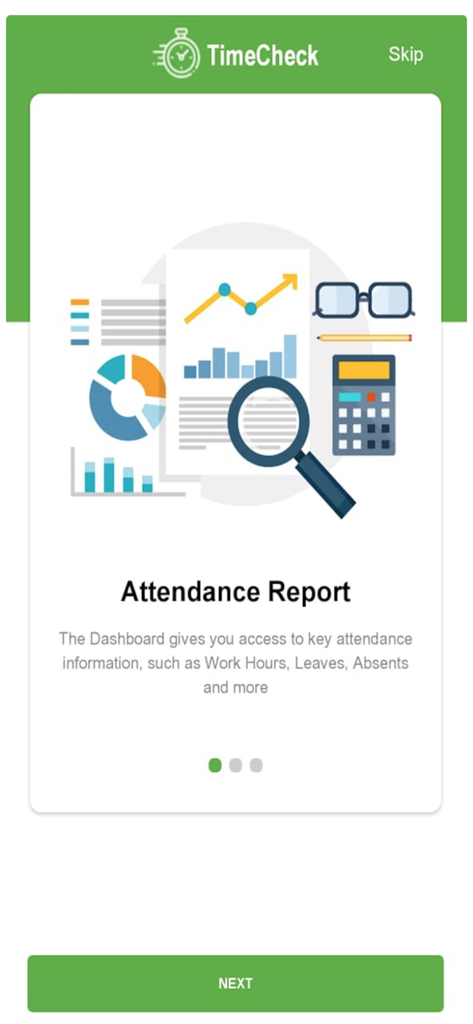 TIMECHECK Enterprise - Onboarding screen for the TimeCheck Enterprise app highlighting the attendance report dashboard features