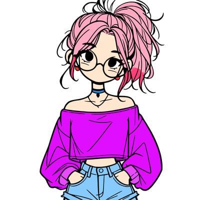 girl with a messy ponytail glasses a baggy crop top and jean shorts