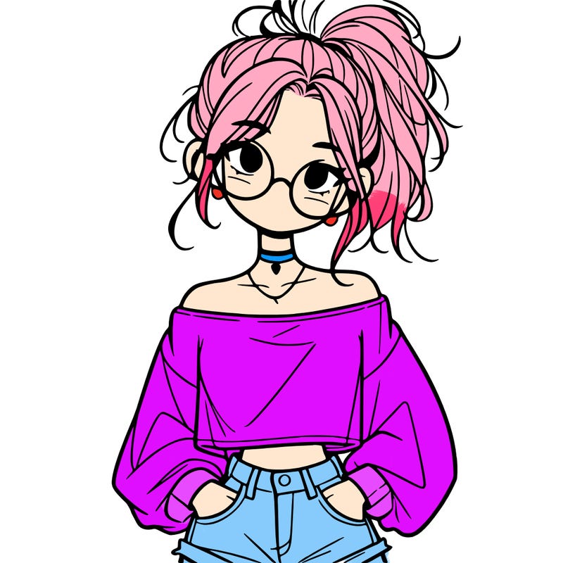 girl with a messy ponytail glasses a baggy crop top and jean shorts