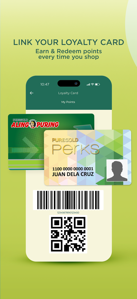 Puregold Mobile - Puregold Mobile app screen for linking Aling Puring and Perks loyalty cards to earn and redeem rewards points
