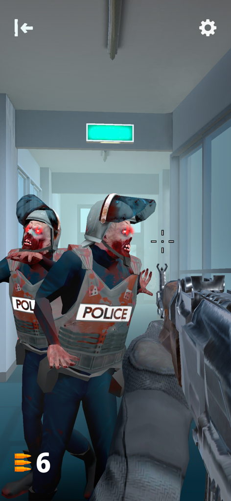 Dead Raid: Zombie Shooter 3D - Vista en primera persona de un jugador apuntando con un rifle de asalto a dos zombies con equipo antidisturbios de policía
