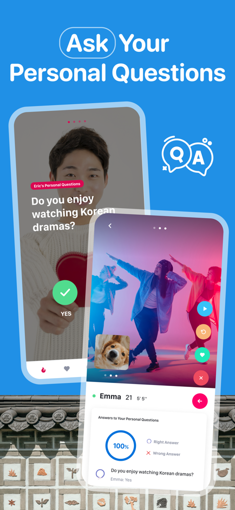 K-Dating: Korean Dating & Chat - A mobile app interface for K-Dating showing the Ask Your Personal Questions feature with user profiles and compatibility matching.