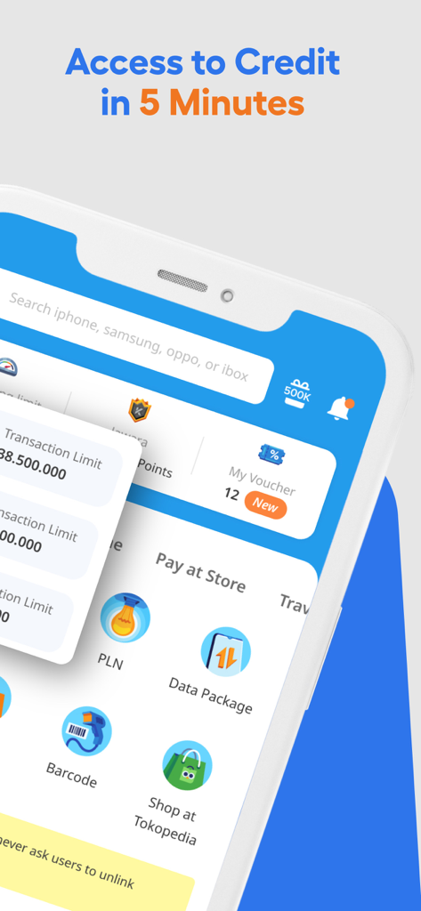 Kredivo mobile app interface displaying quick credit access and bill payment features