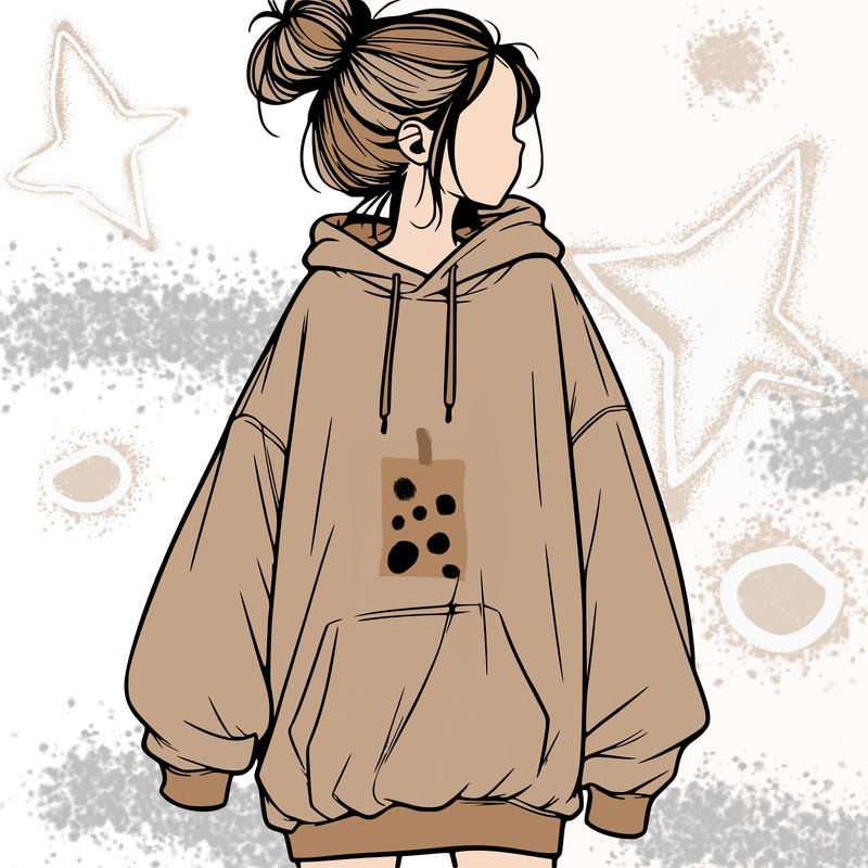 realistic girl with a oversized sweatshirt on and a bun