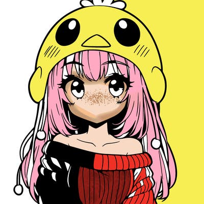 anime girl with chick shaped hat with sweater with bare shoulders with bangs covering them one eye with low tail