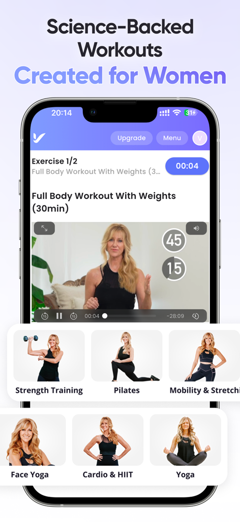 VitaliT by Fabulous50s - Display dell'app VitaliT che mostra varie categorie di allenamento per donne di mezza età, inclusi pilates e allenamento della forza