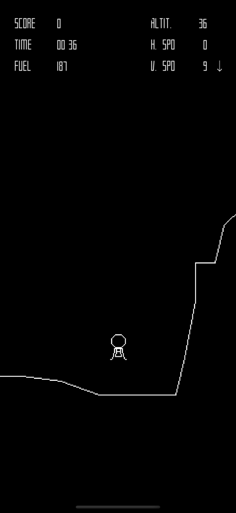 LunarLander! - A retro vector graphics lunar module descending over a jagged moon landscape with game statistics displayed at the top
