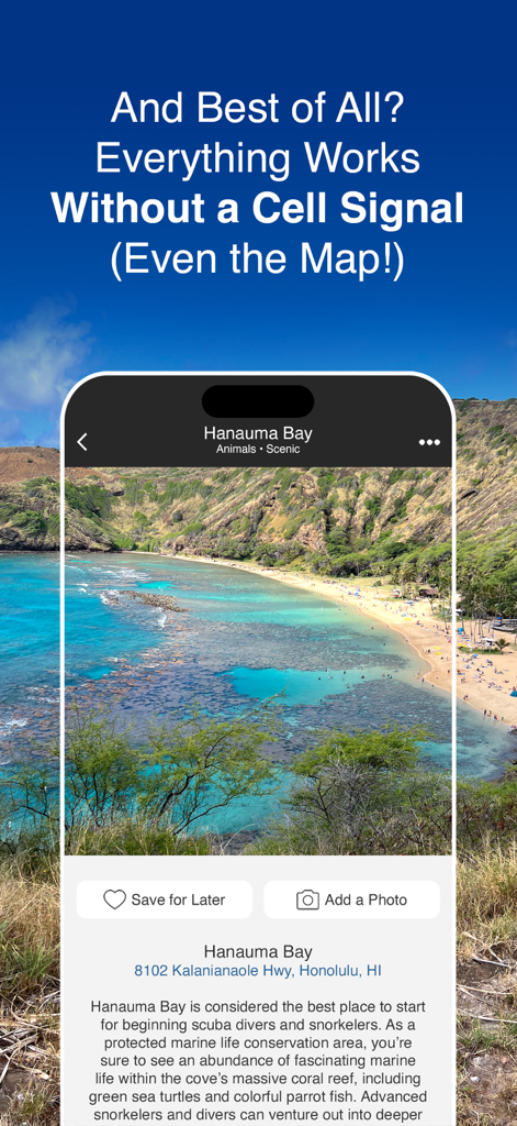 Oahu Offline Island Guide - Oahu travel app interface showing Hanauma Bay details and highlighting offline functionality