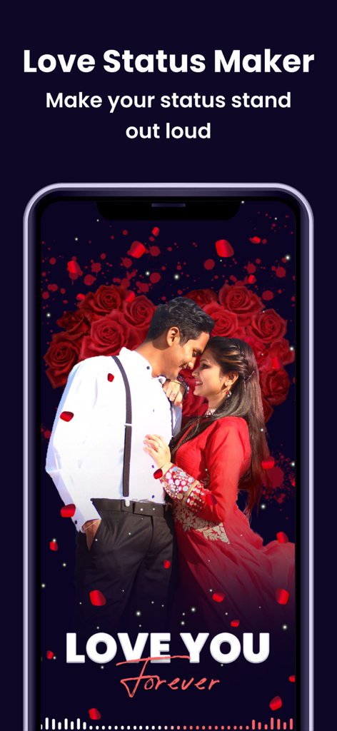 MBit: Reels & Video Templates - MBit 앱 사랑 상태 메이커 화면에 커플과 빨간 장미 효과가 있는 로맨틱 비디오 템플릿 표시