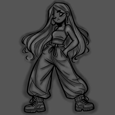 girl in baggy pants crop top and long hair