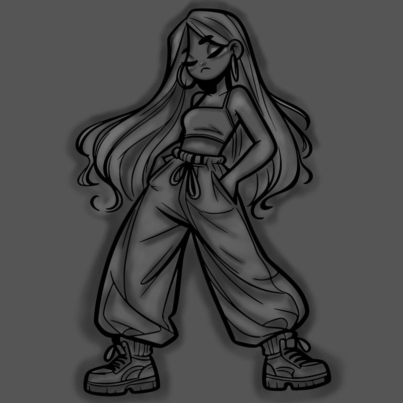 girl in baggy pants crop top and long hair