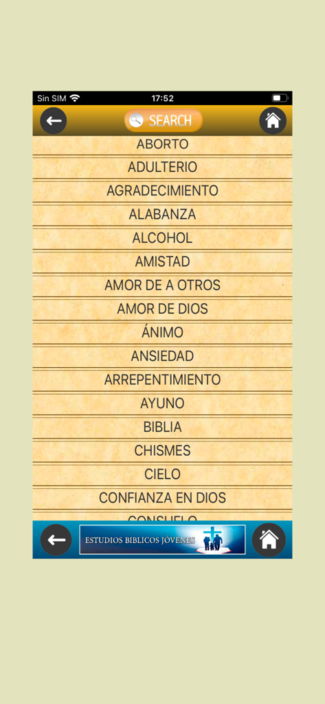 Lista de temas bíblicos ordenados alfabéticamente en la aplicación móvil Estudios Bíblicos Jóvenes