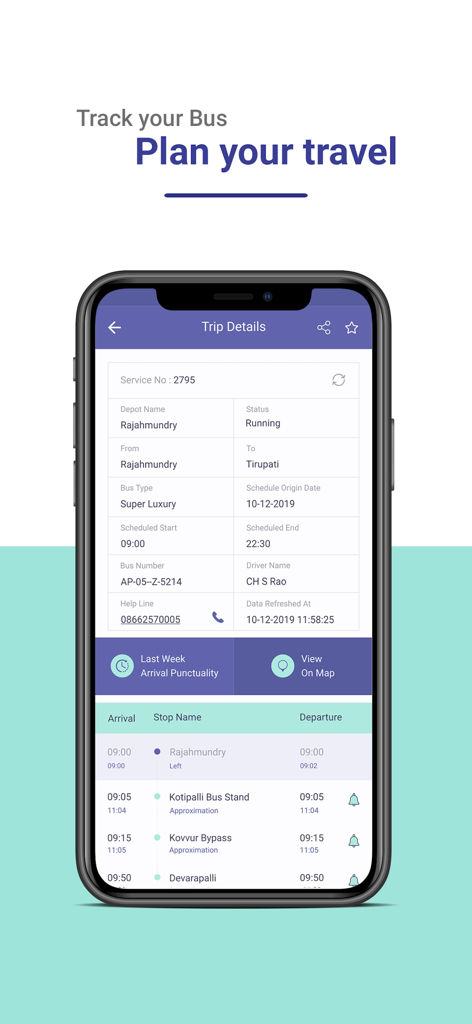 APSRTC LIVE TRACK - APSRTC app screen showing bus trip details and stop schedules