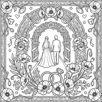 Immerse yourself in a romantic scene with this elegant Flanders Poppies Wedding coloring page. It beautifully blends the symbolic poppy with classic wedding elements for a truly special coloring experience.