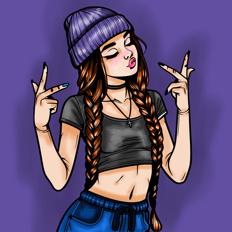 realistic teenage girl with braids and a beanie and crop top doing 🫶🏼