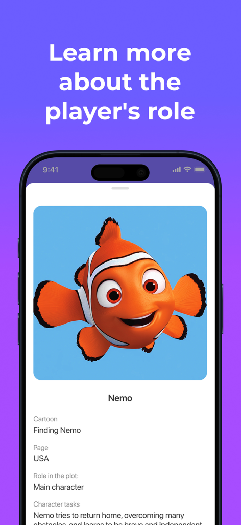 Guess Up: Who am I? - A character description card for Nemo in the Guess Up app showing plot role and tasks.