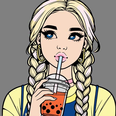 realistic girl with braided hair drinking boba