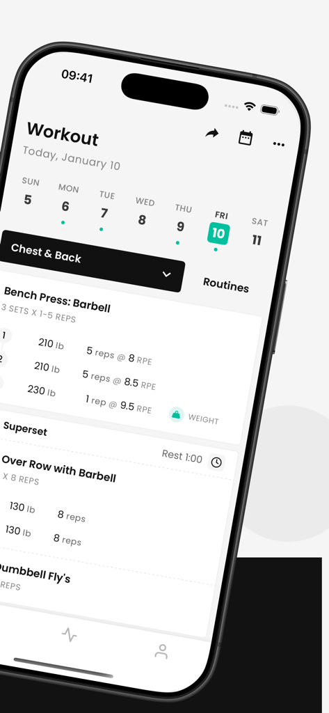 FitHero - Fitness Gym Tracker - A smartphone showing the FitHero app interface with logged workout sets for bench press and barbell rows including weight and RPE data