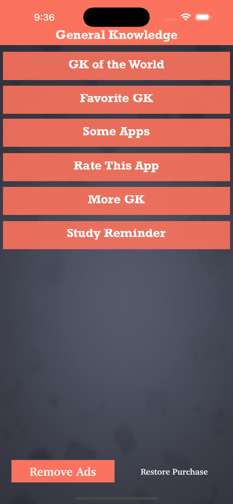 4000+ World General Knowledge - La interfaz del menú principal de la aplicación World General Knowledge que presenta opciones para categorías de GK y recordatorios de estudio.