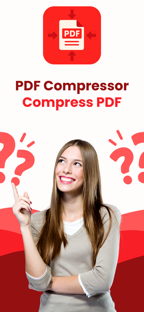 PDF Compressor • Compress PDF - PDF圧縮アプリのタイトルとアイコン、大容量ドキュメントの解決策を指差す女性