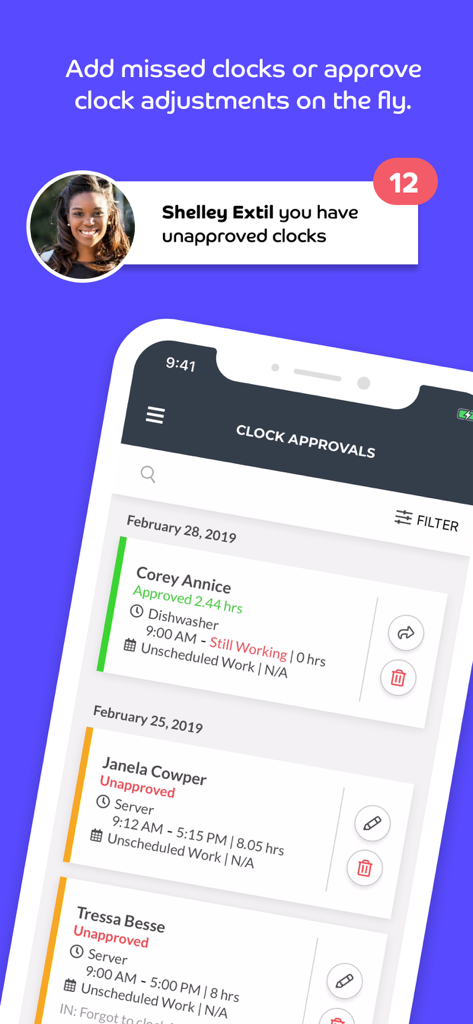 Écran de l'application Push Manager pour gérer les approbations de pointage des employés et les plannings de travail.