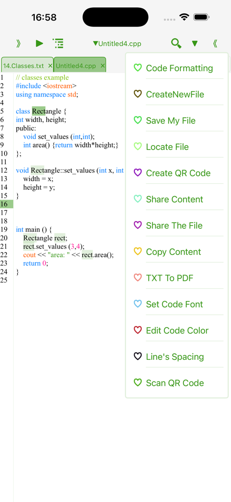 C++ IDE mobile interface showing code editor and file management menu