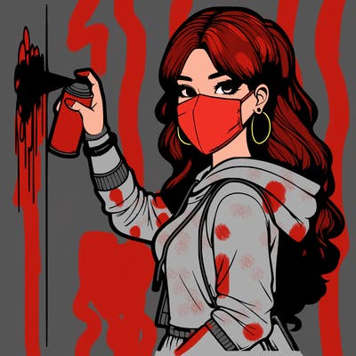 realistic girl with mask spray painting a wall