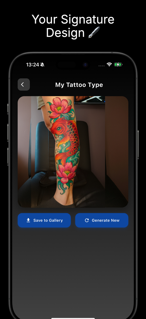 BlackInk : AI Tattoo Generator - BlackInk app showing an AI-generated colorful koi fish and lotus flower tattoo design on a leg.