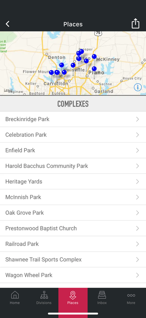 SportsEngine Tourney - Map showing tournament locations and a list of sports complexes in the SportsEngine Tourney app.