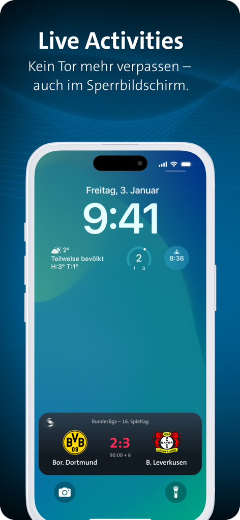 SPORTSCHAU - iPhoneのロック画面に表示されたSportschauアプリのライブアクティビティ機能、ライブのブンデスリーガサッカーのスコアが表示されています