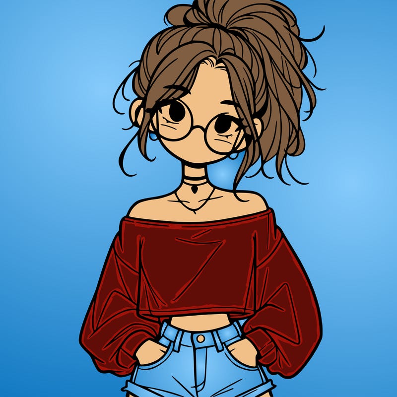 girl with a messy ponytail glasses a baggy crop top and jean shorts