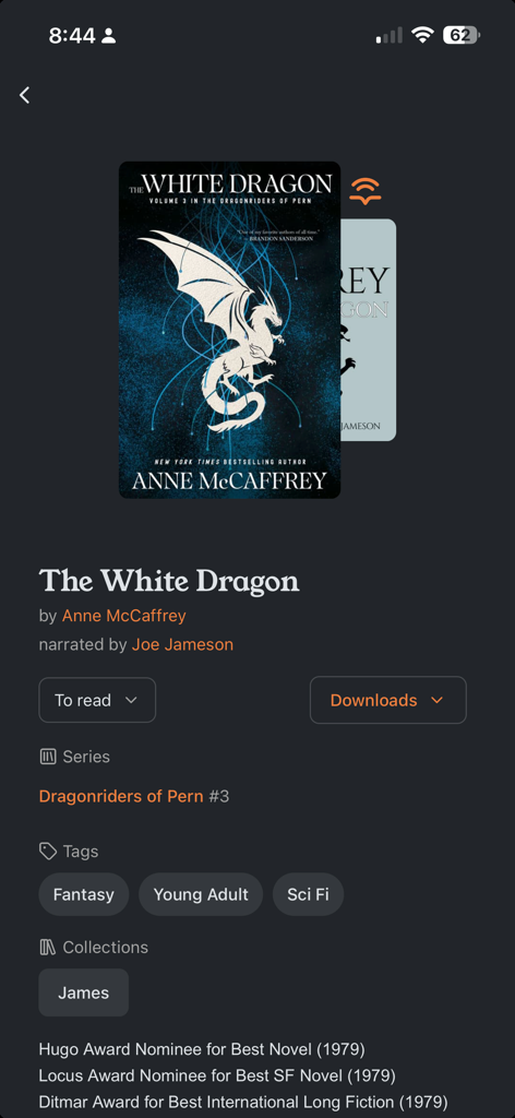 Storyteller Reader - Interface of Storyteller Reader showing book details for The White Dragon by Anne McCaffrey