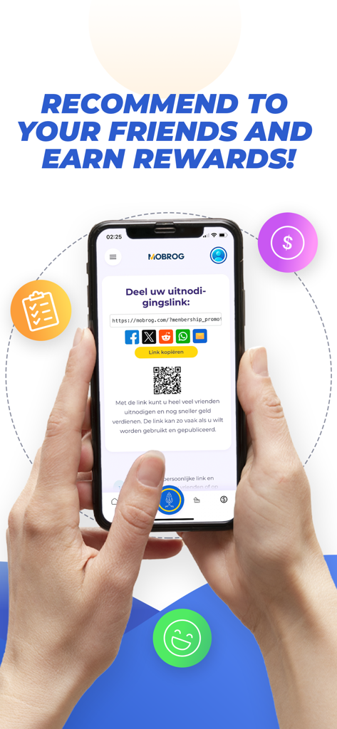 Pantalla del programa de referidos de MOBROG que muestra opciones para compartir un enlace de invitación con amigos para ganar recompensas