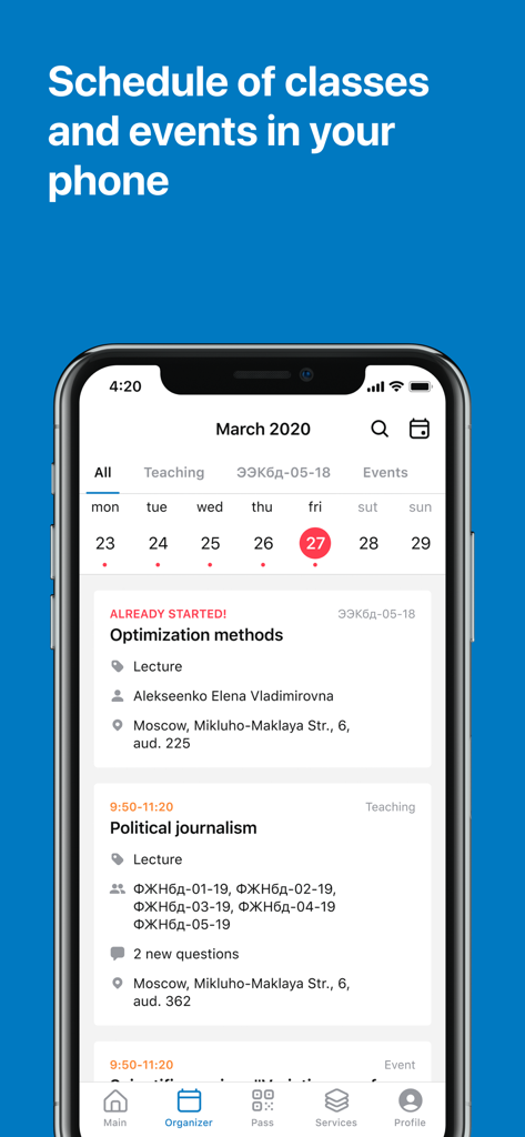 RUDN University - Un smartphone que muestra la interfaz del organizador y horario de clases dentro de la aplicación móvil de la Universidad RUDN.