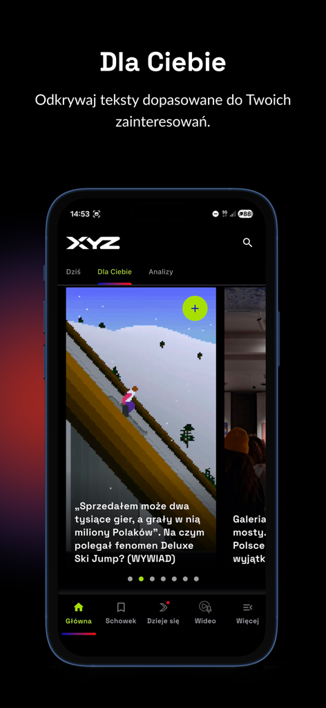 XYZ - Pantalla de feed personalizado de la app de noticias XYZ mostrando artículos adaptados al usuario