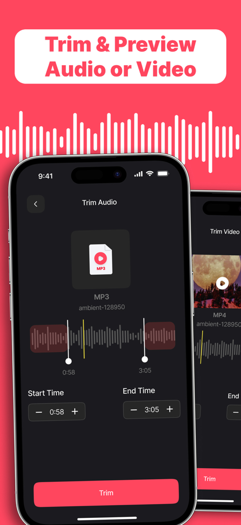 Media Converter - MP4 to MP3 - Interfaz que muestra cómo recortar y previsualizar audio o video en la aplicación Media Converter