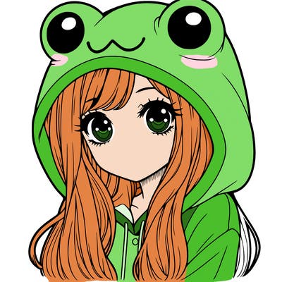 a pretty girl wearing a frog hoodie portrait with long hair