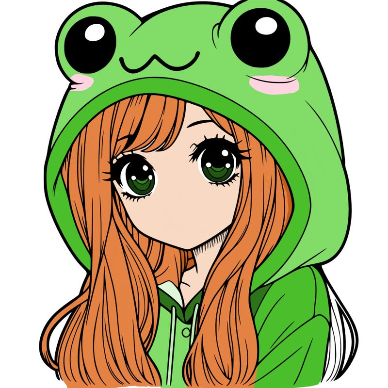 a pretty girl wearing a frog hoodie portrait with long hair