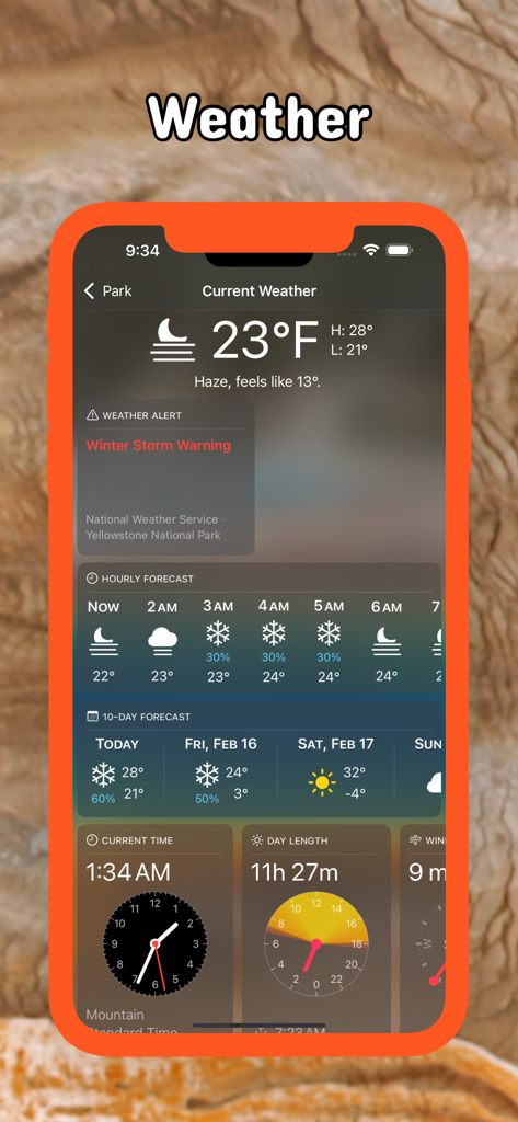 Yellowstone Pocket Maps - Interface de l'application Yellowstone Pocket Maps montrant les conditions météorologiques actuelles, les avertissements de tempête hivernale et les prévisions sur 10 jours pour la région du parc.