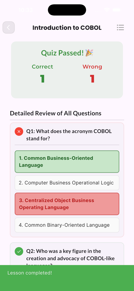 Learn Cobol Programming Pro - Learn COBOL Programming Pro app quiz results screen showing a review of a question about the COBOL acronym