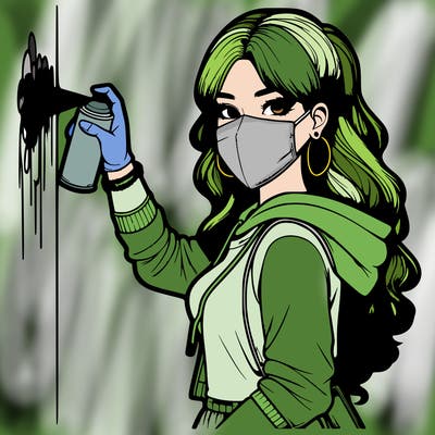realistic girl with mask spray painting a wall