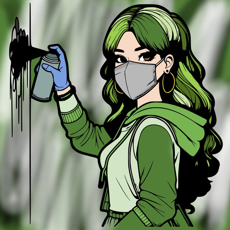realistic girl with mask spray painting a wall