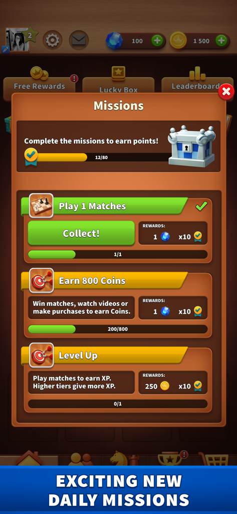 Chess Clash: Online & Offline - Schermata delle missioni giornaliere e delle ricompense nell'app mobile Chess Clash