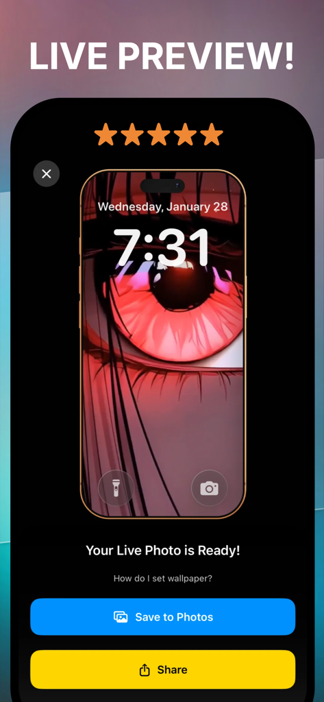 ClipToLive • Live Wallpapers - Live preview of a red anime eye wallpaper on an iPhone lock screen in the ClipToLive app