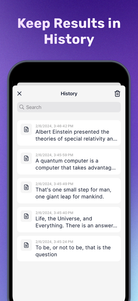 Paraphrase - Rewrite Tool - Captura de pantalla de la función de historial en la aplicación Parafrasear que muestra una lista de resultados de texto reescritos anteriores con marcas de tiempo y una barra de búsqueda.