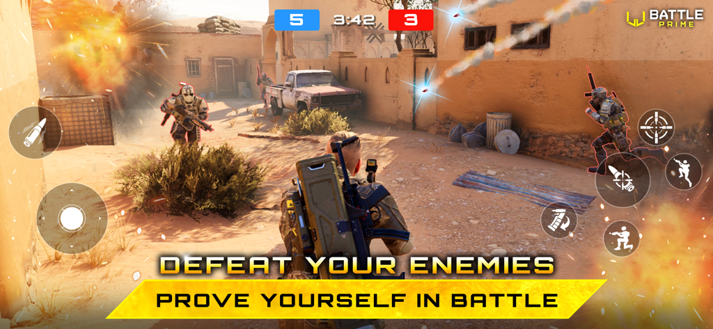 Battle Prime: Shooting games - Third-person tactical shooter gameplay in Battle Prime showing high-fidelity graphics and combat in a desert environment.