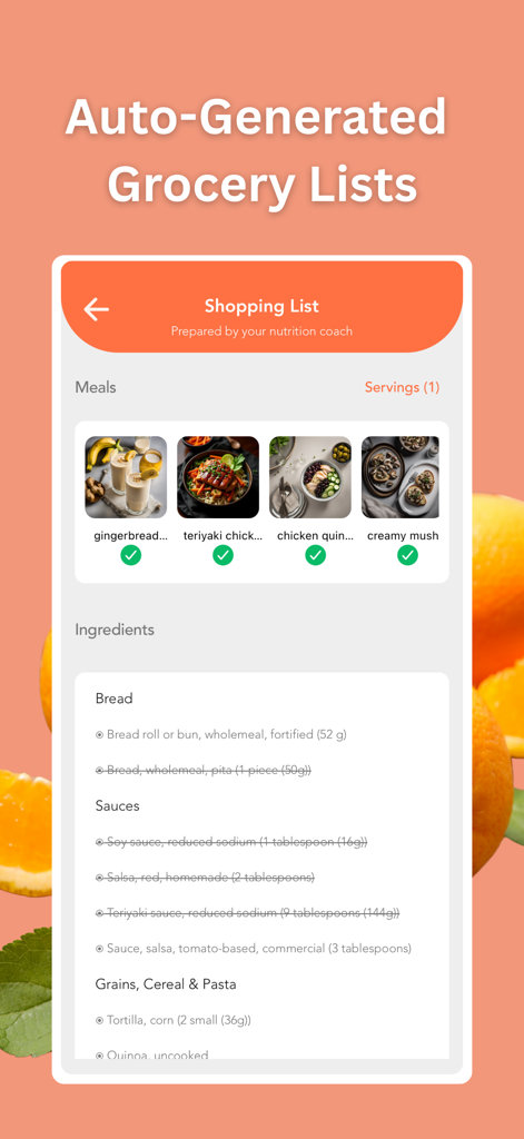 Foodzilla! Nutrition Assistant - A screenshot of the Foodzilla app showing an automatically generated grocery list organized by meal and ingredient category.